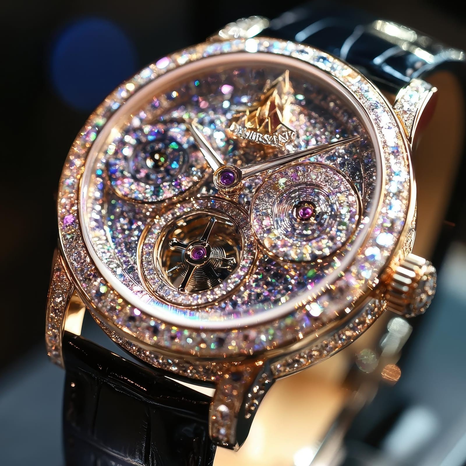 Relógio com detalhes em diamante exposto em vitrine